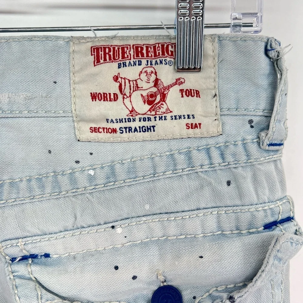 True Religion Light Blue Paint Splatter Acid Wash Straight Leg Jeans 34” x 32”